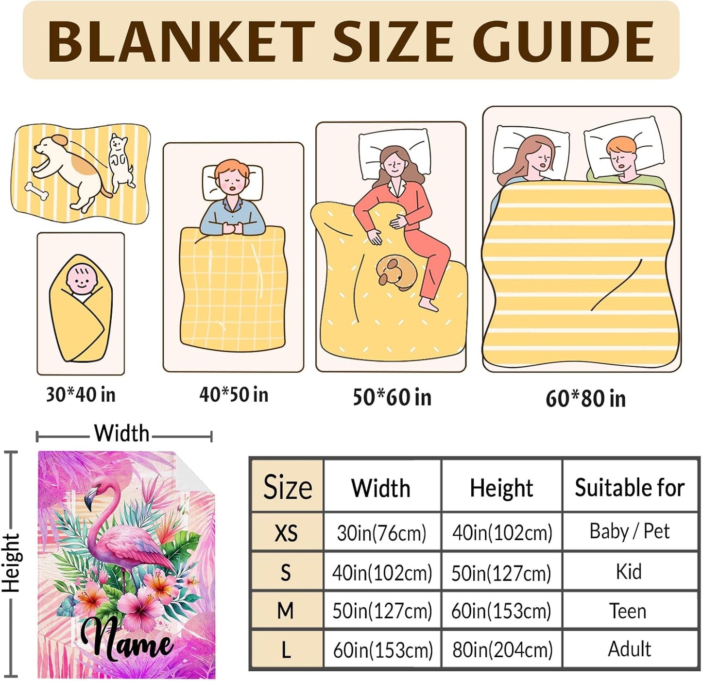 Kids Blanket for Girls Adults Personalized Flamingo Blanket for Gift, Custom Cute Warm Cozy Throw for Living Room Bed Sofa Camping