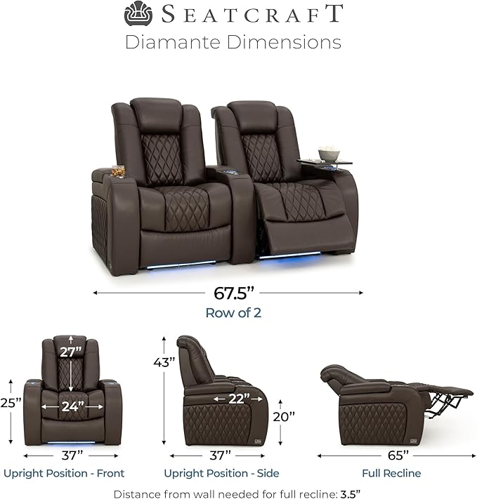 Seatcraft Diamante Zero-Gravity CoolZero Italian Leather Home Theater Seating, Power Headrest, Power Recline, Row of 2, Brown