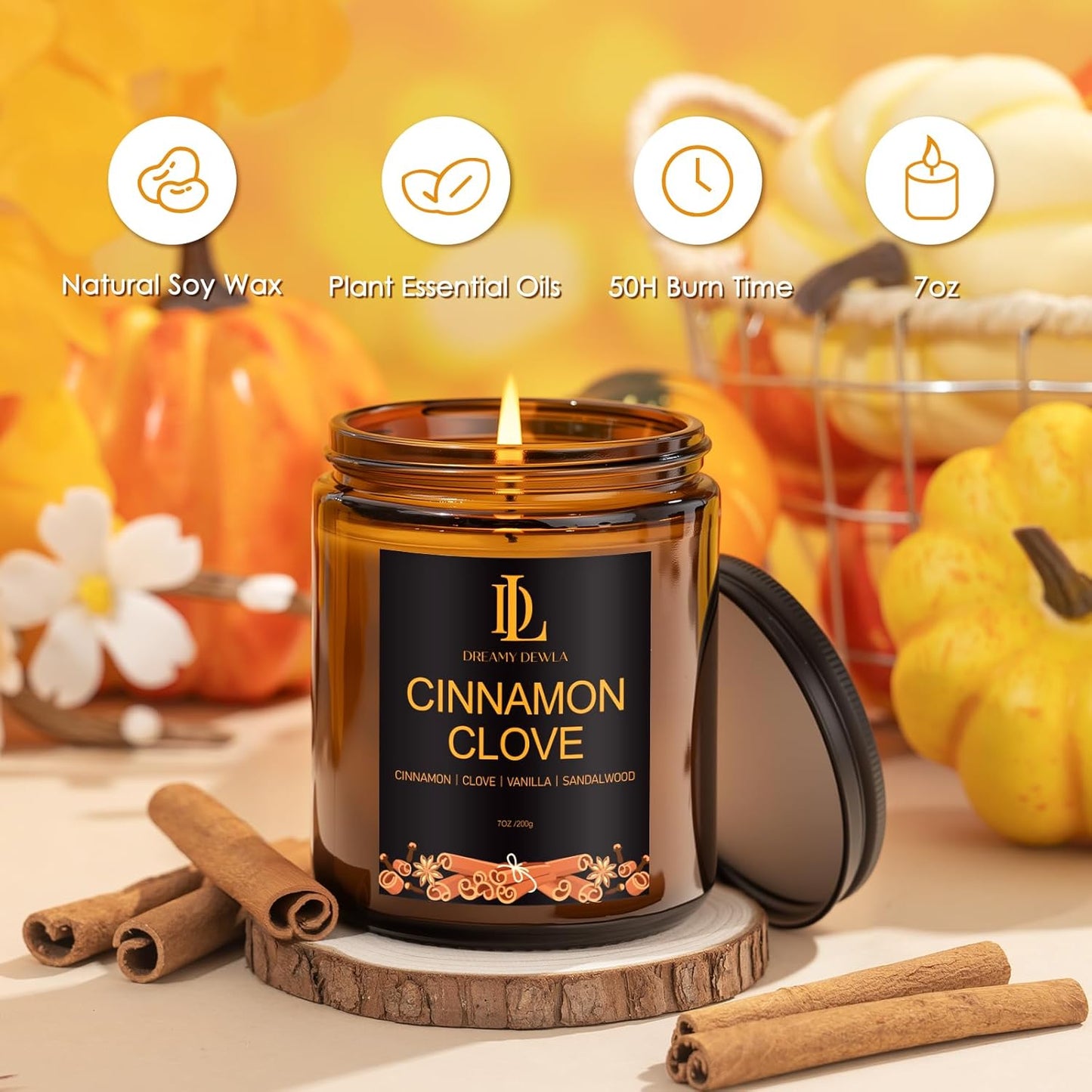 Fall Candle | Cinnamon Clove Scented Candle - Autumn Home Decor, 7oz Autumn Soy Candles with 50hr Burn Time, Holiday Thanksgiving Fall Gifts for Women Men