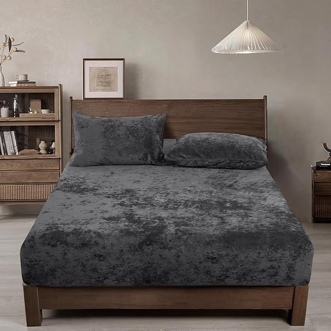 PHF Truly Velvet Fitted Sheet Only Full Size, Luxury Super Soft Cozy Fuzzy Fleece Bottom Sheet, Deep Pocket Up to 16",Strenghth Elastic Band, Suitable for Fall Winter Spring, No Pillowcases, Dark Grey