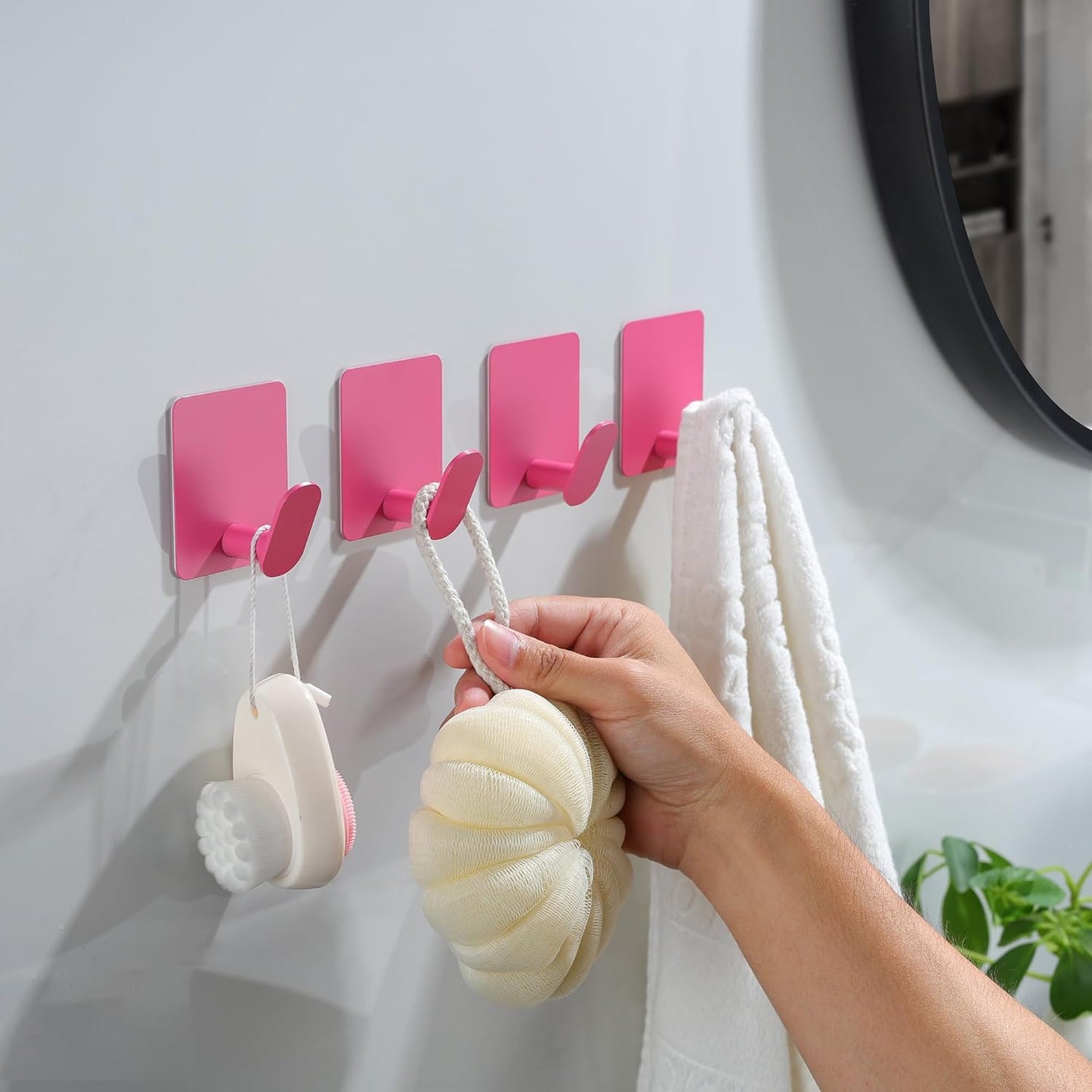 DELITON 4 Pack Hooks for Wall - Cute Kids Wall Hook Adhesive Coat Robe Towel Hooks for Bathrooms Kitchen Heavy Duty Stainless Steel, Pink
