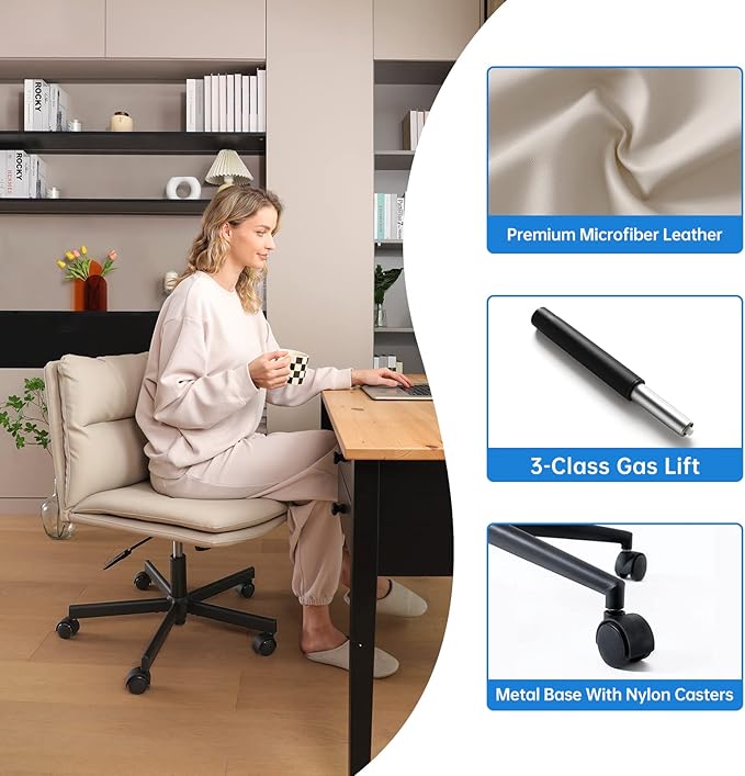 EMIAH Armless Office Desks Chair with Wheels PU-Padded Vanity Chair Mid-Back Ergonomic Home Office Computer Chair Comfortable Adjustable Swivel Task Chair with Thickened Cushion