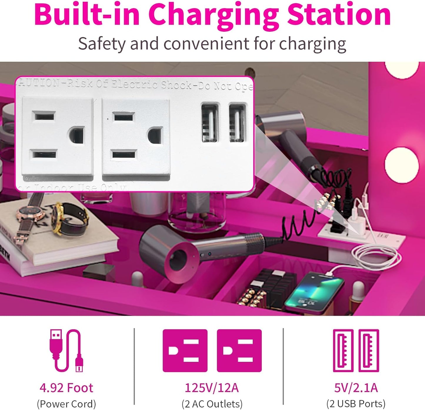 Karl home Vanity Desk with Large Lighted Mirror & Powre Outlet, Glass Tabletop Makeup Vanity Set with 9 Drawers, 45.3" Vanity Table with 3 Color Lighting Modes, Dressing Table for Women Girls, Pink