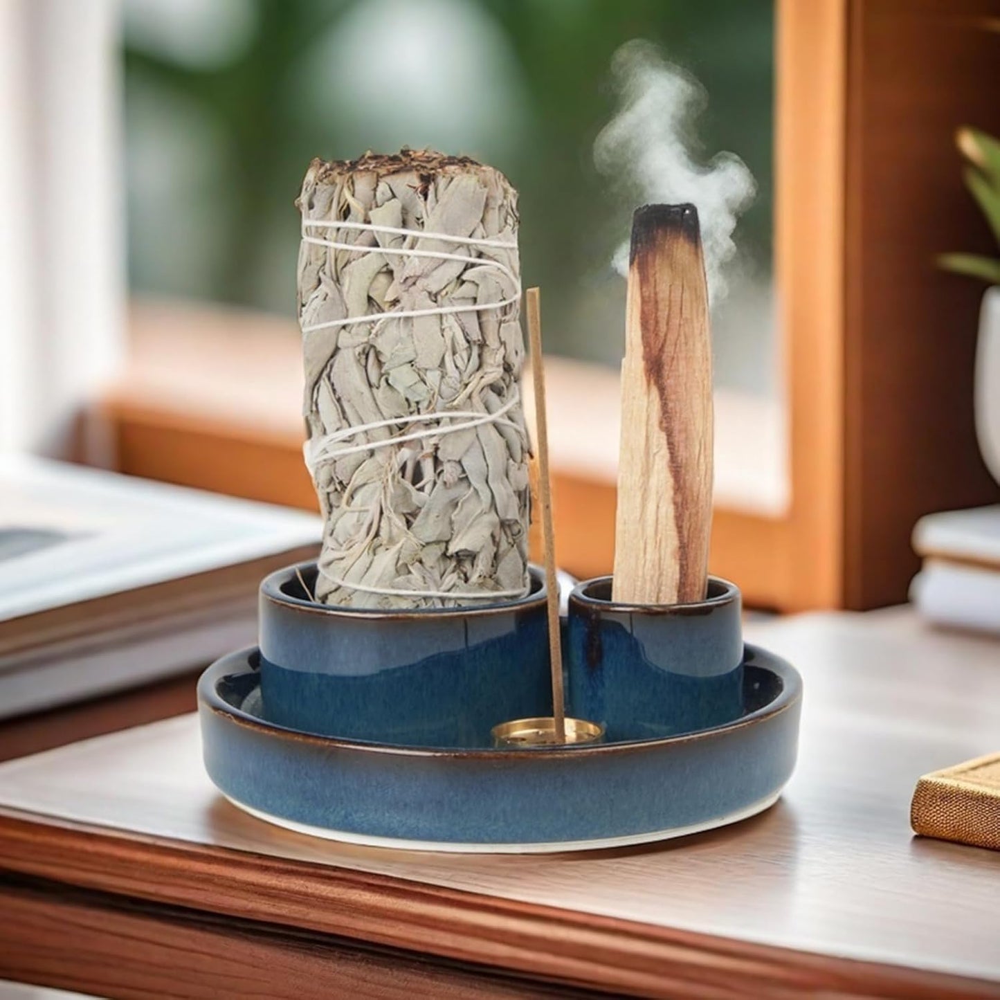 4 in 1 Incense Holder, Palo Santo Stick Holder,Sage Holder for Burning- 4.25" Sage Incense Holder for Meditation Room Home Decor (Blue Reactive)