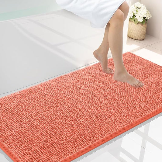 Smiry Luxury Chenille Bathroom Rugs 44x24, Extra Soft and Absorbent Shaggy Bath Mat, Machine Washable, Non-Slip Plush Carpet Runner for Tub, Shower, and Floor, Home Decor Accessories, Coral