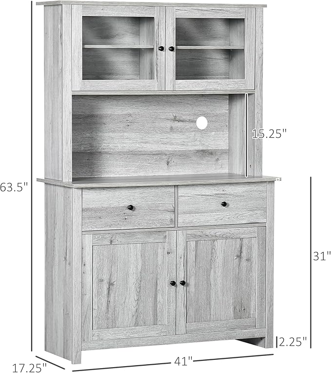 HOMCOM 63.5" Kitchen Buffet with Hutch, Pantry Storage Cabinet with 4 Shelves, Drawers, Framed Glass Doors, Open Microwave Countertop, Ash Grey