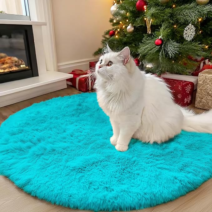 OLANLY Teal Blue Round Rugs for Bedroom - Machine Washable, 3 ft Circle Area Rugs for Living Room, Soft and Fluffy Shaggy Carpet for Teen Girls and Boys, Nursery Rooms, Dorms, Home Decor Aesthetic