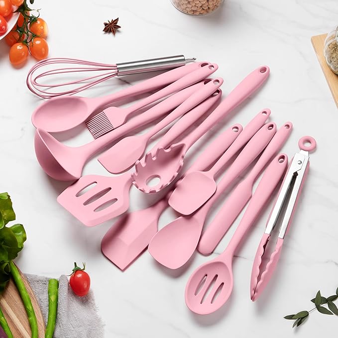 LIANYU 14 Pcs Kitchen Utensils Set, Silicone Cooking Utensils Spatula Set with Holder, Heat Resistant Cookware Tools Includes Spoon Turner Whisk Tong, Dishwasher Safe, Pink