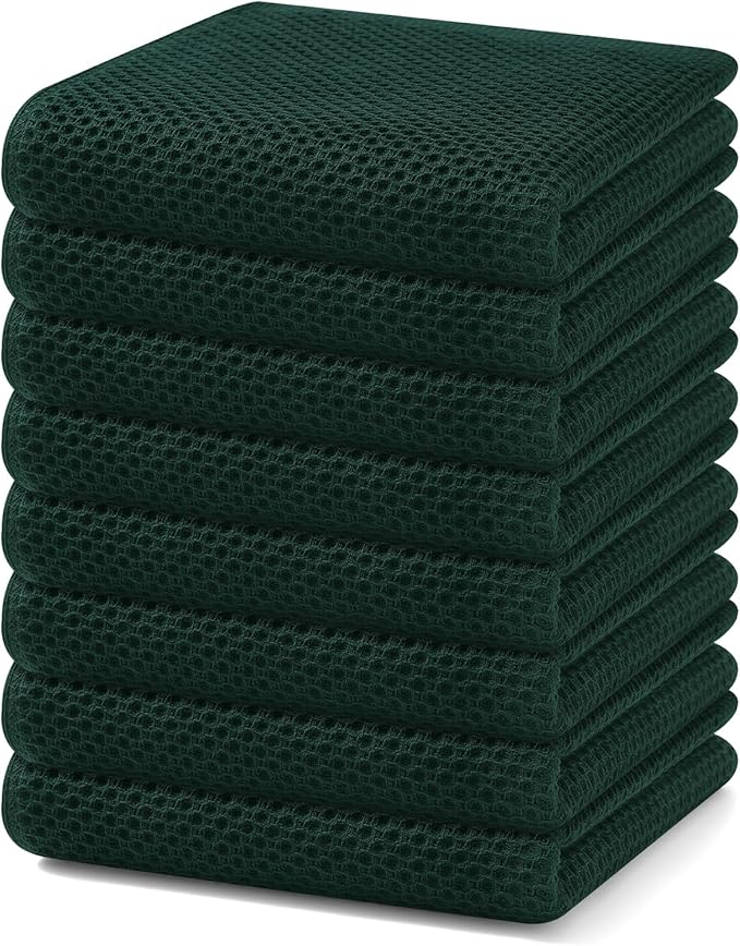 Homaxy 100% Cotton Waffle Weave Kitchen Dish Towels, Ultra Soft Absorbent Quick Drying Cleaning Towel, 13 x 28 Inches, 8-Pack, Blackish Green