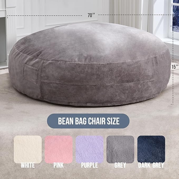 Hobestluk 6ft Bean Bag Chairs for Adults Large Beanbag Chair with Plush Faux Fur Cover Big Bean Bag Chair for Living Room Bedroom Dorm Office - Grey (70" x 70" x 15")