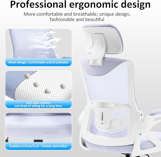 Fizzin Ergonomic Office Chair,Ergonomic Desk Chair with Headrest Purple Computer Chair with High Back Adjustable Lumbar Support, Rolling Swivel Chairs with Wheel Armrests for Home Office (Lavender)