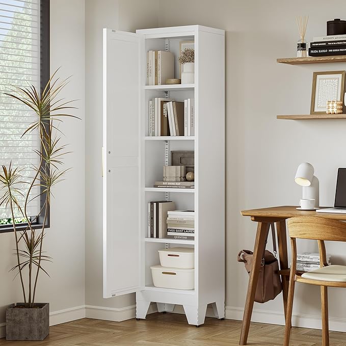 67''Farmhouse Metal Storage Cabinet with Barn Doors,Steel File Cabinet for Home Office,Kitchen Pantry 4 Adjustable Shelves,Freestanding Cupboard for Kitchen,HomeOffice(White)