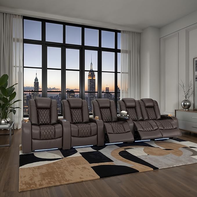 Seatcraft Diamante Zero-Gravity CoolZero Italian Leather Home Theater Seating, Power Headrest, Power Recline, Row of 5 Right Loveseat, Brown
