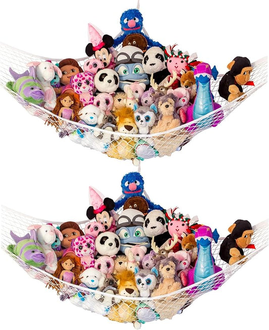 Lilly's Love Stuffed Animal Hammock | Corner Hanging Organizer, Toy Storage, Stuffed Animal Storage Net | Made from Quality Fishing Net, Holds 12lbs | 67"x47"x47" (White, 2 Pack)