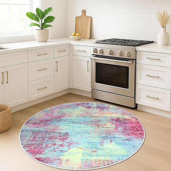 IOHOUZE Round Area Rug 5 Ft Circle Entryway Rugs Round Washable Door Mat Indoor Entrance, Non Slip Circle Front Door Rug, Printed Abstract Faux Wool Floor Carpet for Foyer Porch Sink, Pink Teal