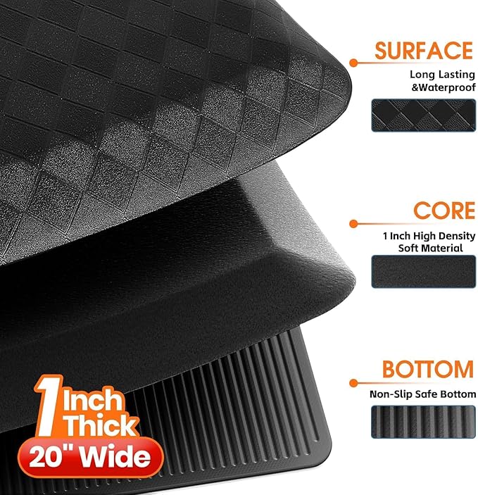 StepRite 1” Thick Kitchen Mats for Floor, Anti Fatigue Kitchen Rugs, Non-Slip,Heavy Duty Waterproof Kitchen Rug, Standing Desk Mat for Home, Kitchen, Office, (Black)
