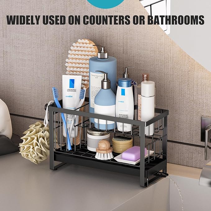 Sponge Holder for Kitchen Sink with Flexible Smiley Face, 2 Tier Kitchen Sink Organizer, Countertop and Storage Essentials, Soap Dispenser Organizer, Home Decor Accessories - Black