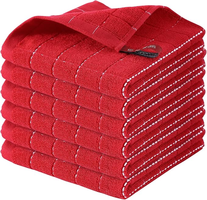 Homaxy 100% Cotton Terry Kitchen Dish Cloths, Ultra Soft and Absorbent Dish Towels for Kitchen, Suitable for Drying and Washing Dishes, 6 Pack, 12 x 12 Inches, Red