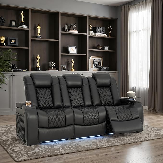 Seatcraft Diamante Zero-Gravity CoolZero Italian Leather Home Theater Seating, Power Headrest, Power Recline, Row of 3 Sofa, Black