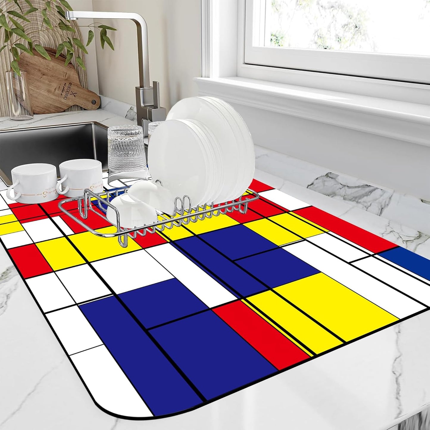 Dish Drying Mat Abstract Mosaic Geometric Color Coffee Mat,16"X24"Bsorbent Dish Drying Pad for Sink Dishes or Under Rack Kitchen Counter Accessories Absorbent Hide Backed Dish Drying Mat