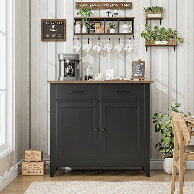 HORSTORS Kitchen Storage Cabinet, Modern Farmhouse Buffet Cabinet with Storage, Coffee Bar with 2 Drawers and 2 Doors, Floor Sideboard Buffet for Living Room, Dining Room, Bathroom, Black/Rustic Brown