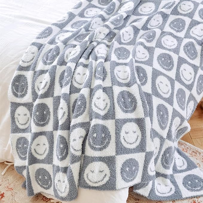 YIRUIO with Smiley Faces Checkerboard Throw Blankets Checkered Reversible Microfiber Super Soft Warm Cozy Fluffy Shaggy Blanket for Home Office Couch Bed Sofa Decor (Slate Gray)