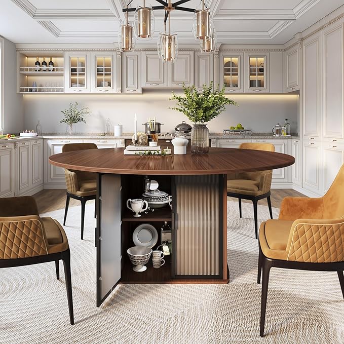 IBF 47" Round Dining Table with Fridge Storage Space, Circle Kitchen Table for 4 to 6 People, Dining Room Tables with Adjustable Shelf, Wood Dinner Tables for Home Kitchen, Walnut (Only Table)