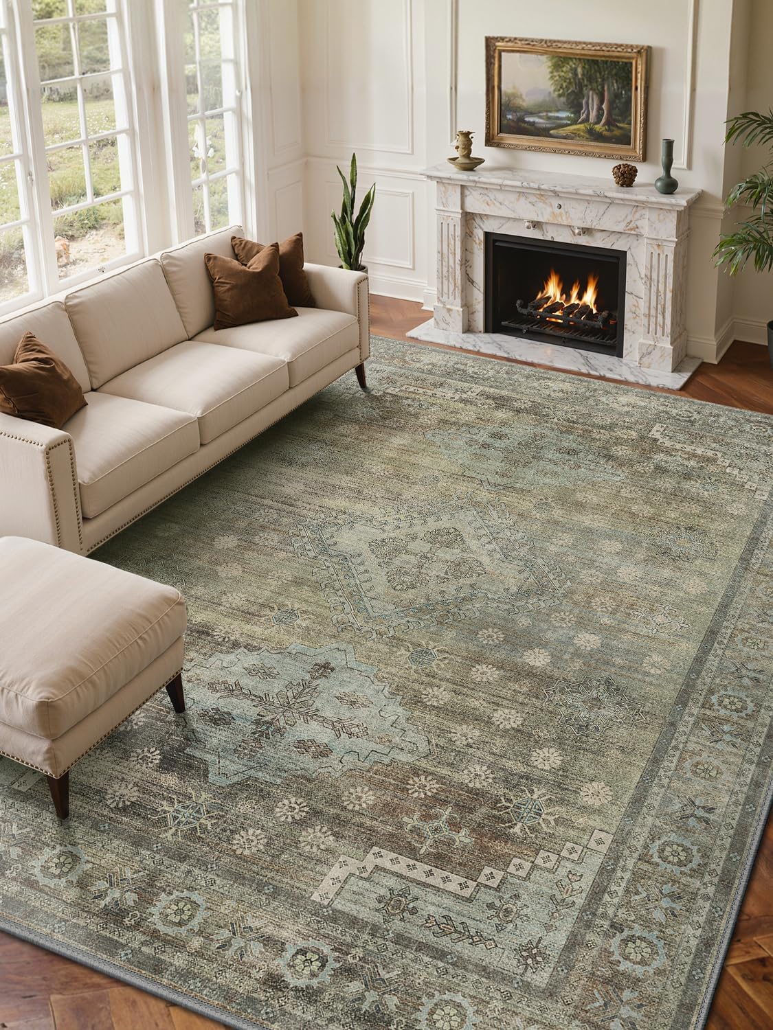 Area Rugs 9x12 for Living Room Bedroom, Modern Boho Machine Washable Large Distressed Light Greyish Sage Green Rug, Low Pile Floor Carpet with Non Slip Backing for Dining Room