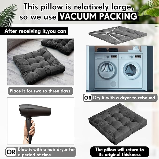 Jerify 4 Pcs Floor Pillow Cushions 22 x 22 Inch Round Square Large Meditation Floor Pillow for Classroom Adult Meditation Picnic Party Cushion for Seating Gift Christmas(Dark Grey,Square)