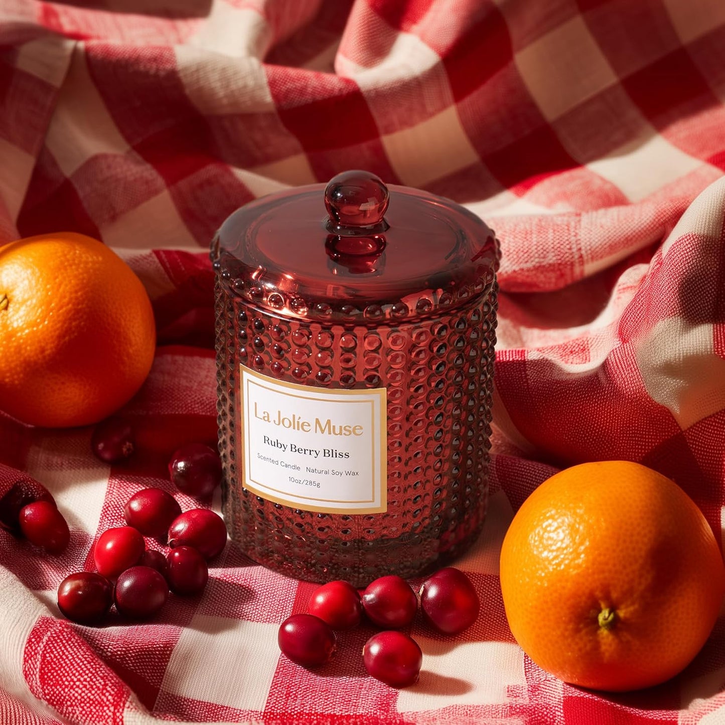 LA JOLIE MUSE Ruby Berry Bliss Scented Candle – Mandarin, Cranberry & Plum| Natural Soy Wax | 10 oz Festive Christmas Candle | 55 Hours Clean Burn | Autumn House Warming Gift | Seasonal Home Décor