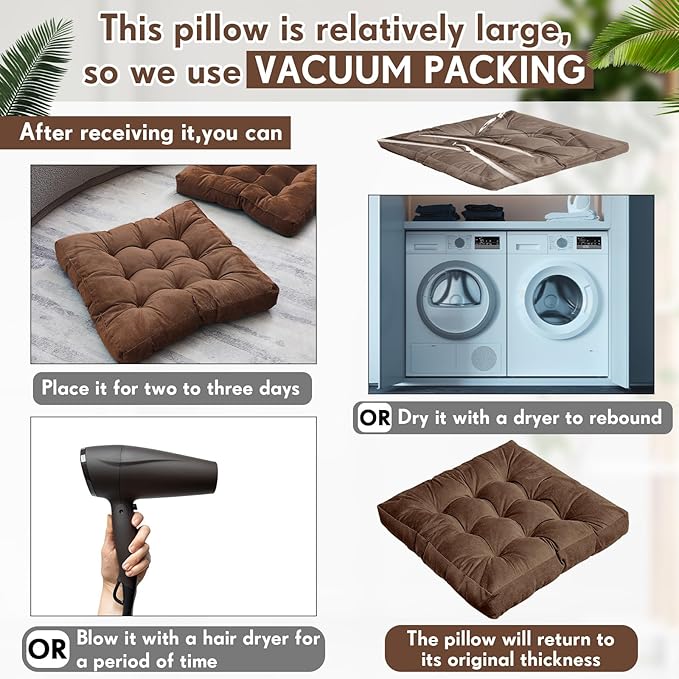 Jerify 4 Pcs Floor Pillow Cushions 22 x 22 Inch Round Square Large Meditation Floor Pillow for Classroom Adult Meditation Picnic Party Cushion for Seating Gift Christmas(Brown,Square)