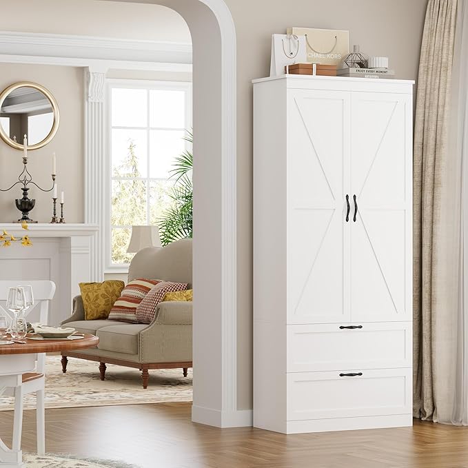 HOSTACK 70" Tall Kitchen Pantry Storage, Barn Doors Pantry Cabinet with Drawers and Adjustable Shelf, Modern Farmhouse Storage Cabinet for Kitchen, Dining Room, Living Room, Bathroom, White