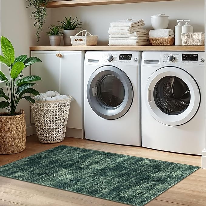 IOHOUZE Abstract Runner Rug 2x5 Ft Washable Runners for Hallways, Non Slip Kitchen Runner Printed Faux Wool Entryway Runner Indoor, Modern Abstract Floor Carpet for Hall Kitchen Bedroom, Dark Green