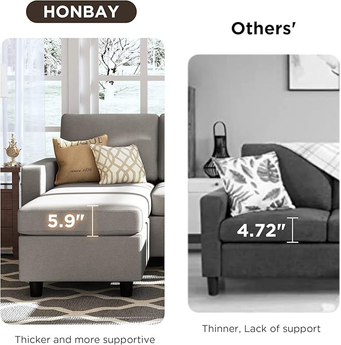 HONBAY Convertible Sectional Sofa, L Shaped Couch with Linen Fabric, Reversible Couch for Small Space, Light Grey