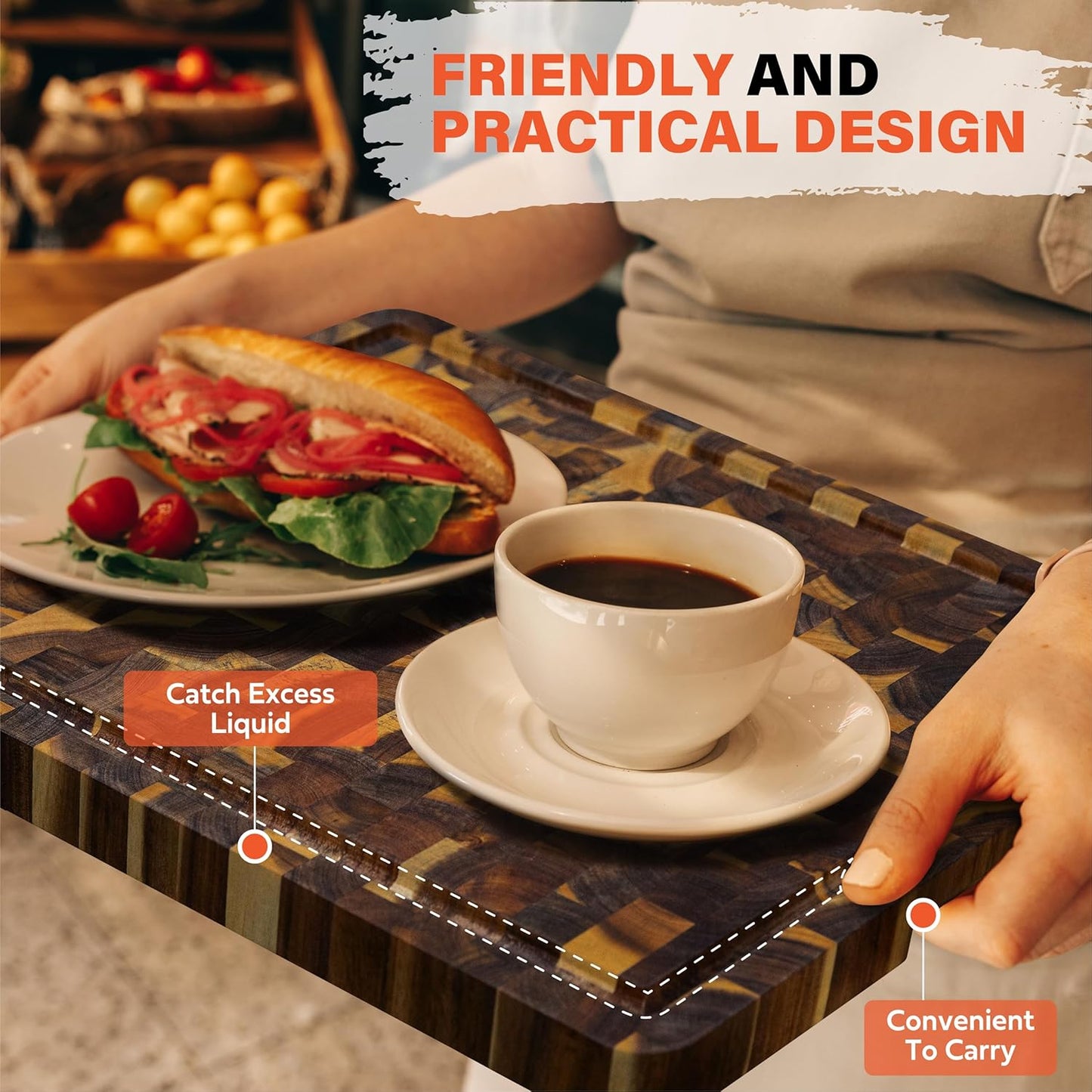 HOMESTEAD End Grain Acacia Wood Cutting Boards 23x18x1.5 – Butcher Block Chopping Board with Sorting Compartment, Juice Grooves & Handles – Non-Toxic Kitchen Board for Food Prep, Home Decor