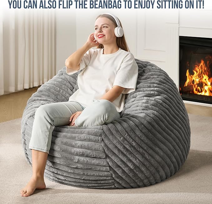 Hobestluk 4ft Bean Bag Chairs for Adults Large Beanbag Chair with Dutch Corded Plush Cover Big Bean Bag Chair for Living Room Bedroom Dorm Office - Grey (44" x 44" x 24")