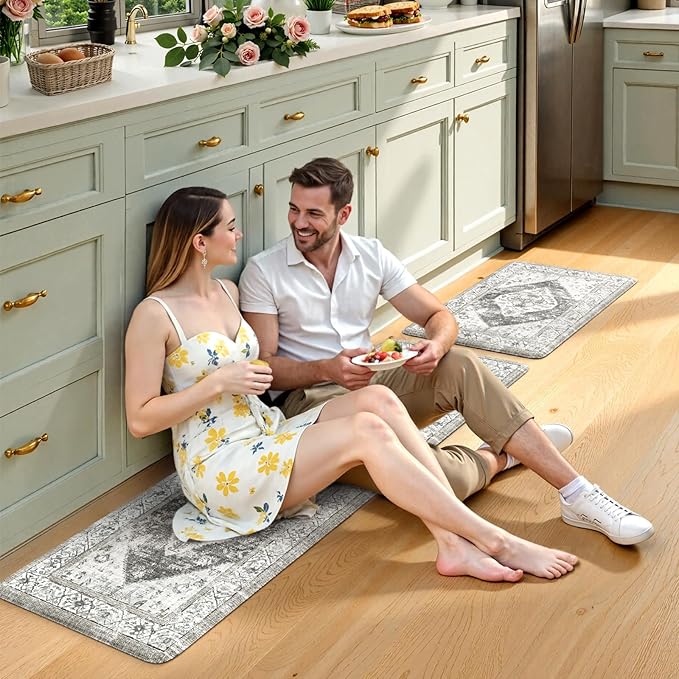 KIMDOE Kitchen Rugs 2PCS Cushioned Anti Fatigue Kitchen Mat Non-Skid Waterproof Kitchen Runner Rug Ergonomic Comfort Foam Standing Mat for Kitchen Decor,Grey
