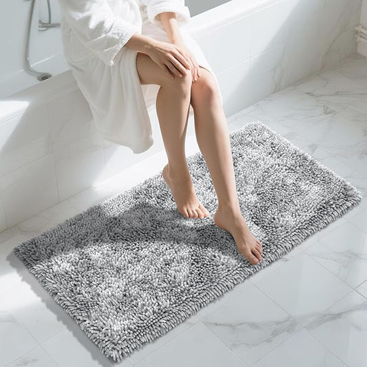 Yimobra Long Bathroom Rug Non Slip 44x24 Inch, Extra Thick Soft Absorbent Chenille Bath Mat, Machine Washable Bath Rugs for Bathroom Floor, Tub and Shower, Home Decor Accessories, Light Grey