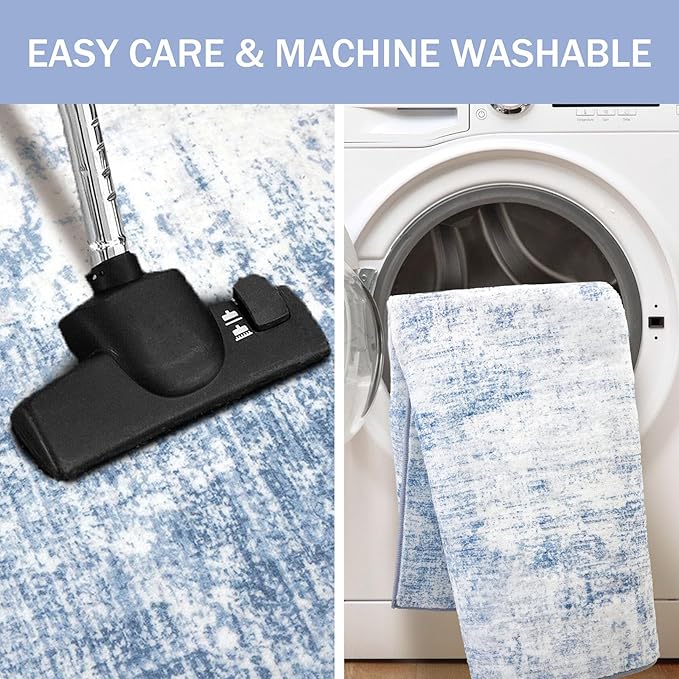 IOHOUZE Abstract Area Rugs 8x10 Ft Washable Large Rugs for Living Room, Non Slip Dining Room Rug, Printed Faux Wool Rugs for Bedroom, Floor Carpet for Office Nursery Playroom, Light Blue White