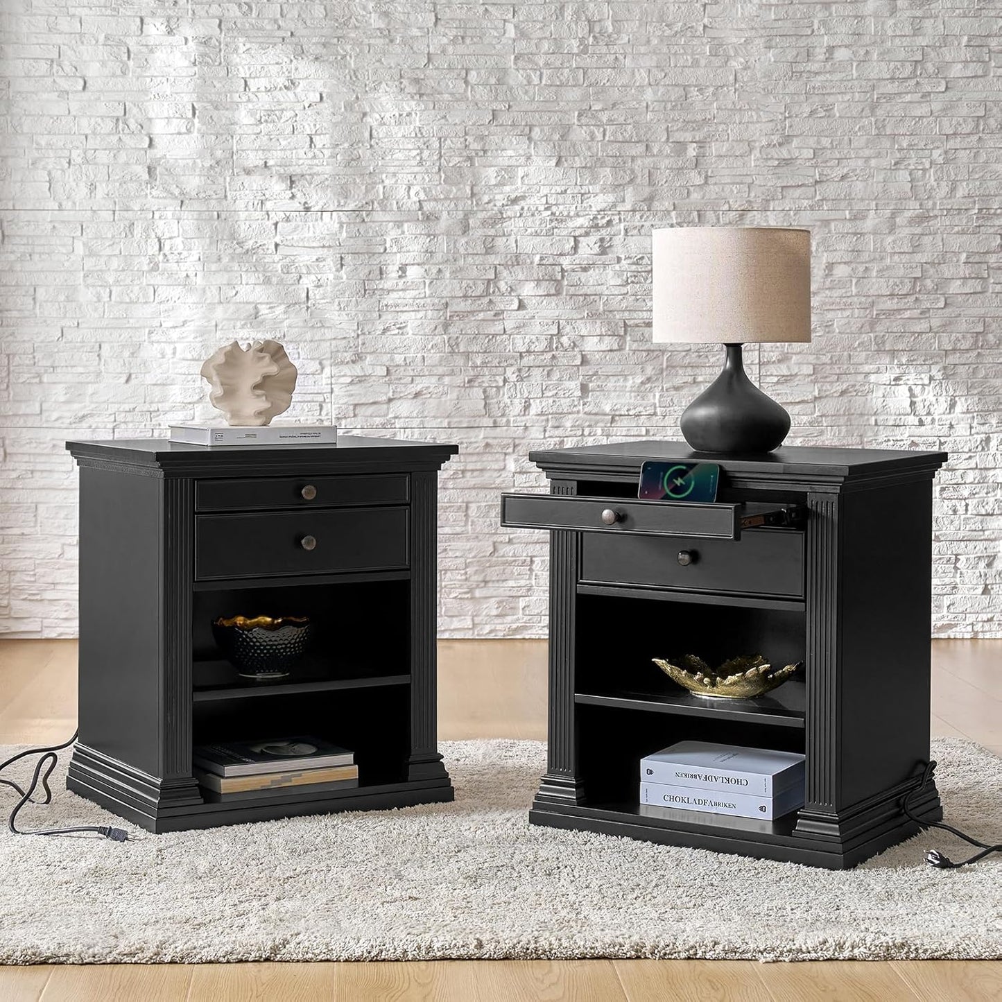 HULALA HOME Wood Nightstand with Tray and Storage Shelves, Traditional Design with Roman Column, End Table with Charging Station/LED, Black