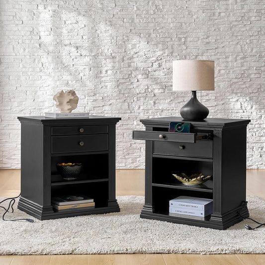 HULALA HOME Wood Nightstand with Tray and Storage Shelves, Traditional Design with Roman Column, End Table with Charging Station/LED, Black