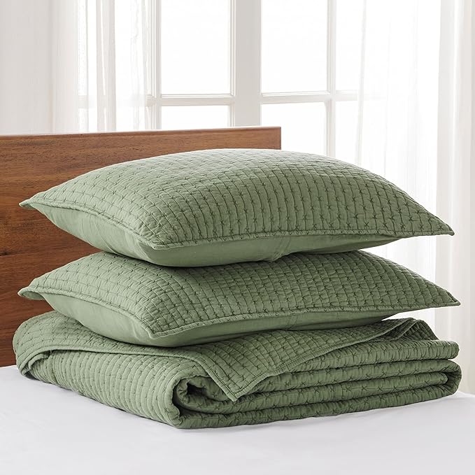 Levtex Home Cross Stitch Reversible Twin Bedspread Set (84x104in) with 1 Pillow Sham (26x20in) - Stitch Texture - Forest Green - Cotton Twin Size Bedspread Set - Lightweight, Soft, Pre-Washed