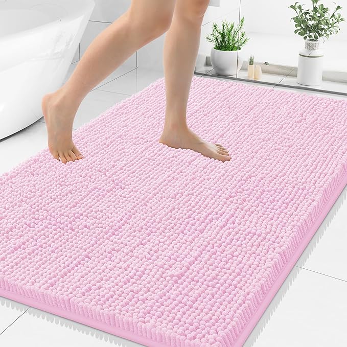 Smiry Luxury Chenille Bathroom Rugs 40x32, Extra Soft and Absorbent Shaggy Bath Mat, Machine Washable, Non-Slip Plush Carpet Runner for Tub, Shower, and Floor, Home Decor Accessories, Pink