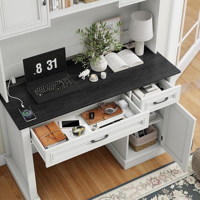 Farmhouse 47" Executive Desk with Hutch, 2 Drawers and LED Light, Computer Desk with Storage Cabinet and Charging Station,Workstation for Home Office and Study.