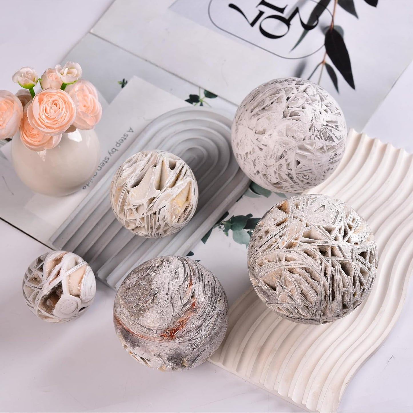 JIC Gem Natural Mexican White Agate Crystal Sphere with Wooden Stand Decorative Crystal Ball White Gemstone Sphere for Meditation,Feng Shui,Witch-Style Decor,Table 70-80mm