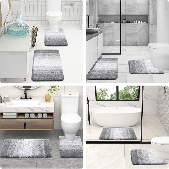 OLANLY Bathroom Rug Set 2 Piece, Soft Absorbent Microfiber Bath Mats and U-Shaped Contour Toilet Rug, Non-Slip, Machine Wash Dry, Plush Shaggy Bath Mats for Bathroom (24"x16"+24"x20", Light Grey)