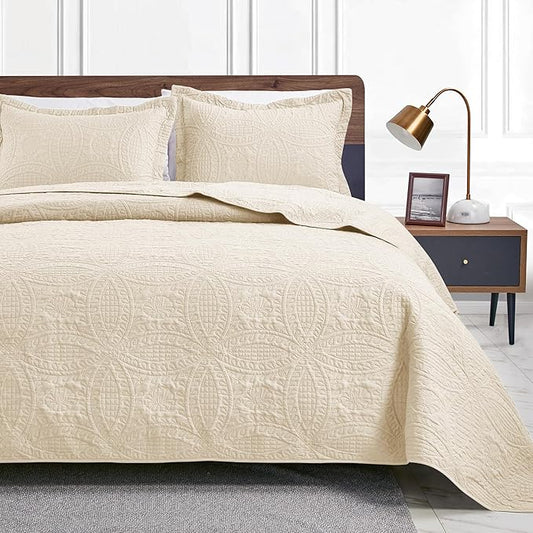 Love's cabin King Size Quilt Bedding Set Beige Bedspreads - Bed Summer Lightweight Bedspread Comforter - Coin Pattern Bedding Coverlet for All Season - 3 Pieces (1 Quilt, 2 Pillow Shams)