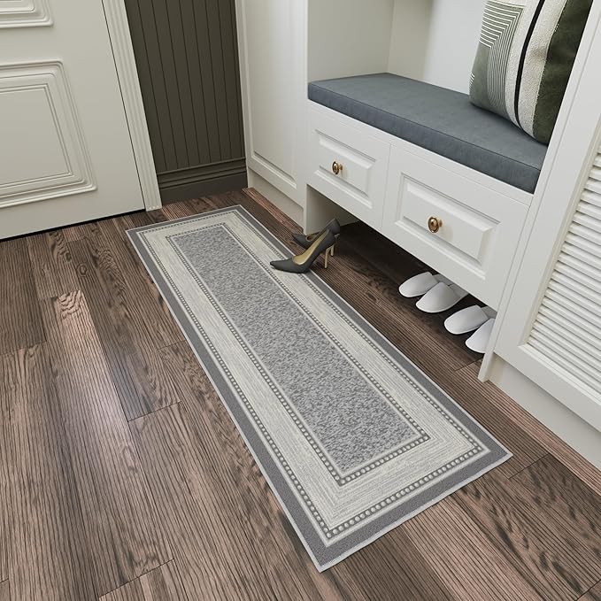 Ottomanson Hallway Runner Rug 20" x 59" Non Slip Border Area Rugs Easy to Clean Laundry Rug Runner Durable & Pet Friendly Floor Carpet Runners for Hallways Entryway Living Room Kitchen, Light Gray