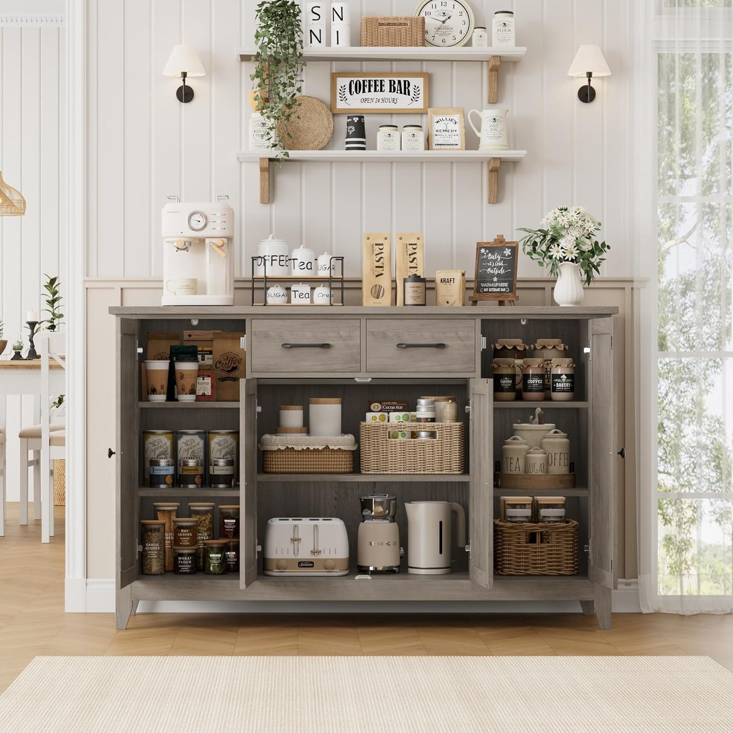 HORSTORS 55" Buffet Cabinet with Storage, Kitchen Buffet Sideboard with Drawers, Large Storage Cabinet with Doors and Shelves, Modern Farmhouse Coffee Bar for Kitchen, Dining Room, Living Room, Grey