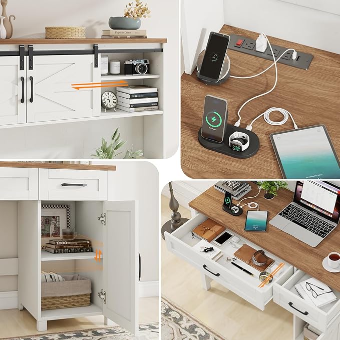 Farmhouse 47" Executive Desk, Computer Desk with Drawers and Storage Cabinet, Home Office Desks with Hutch and Charging Station, Workspace for Work & Study (Unique White).